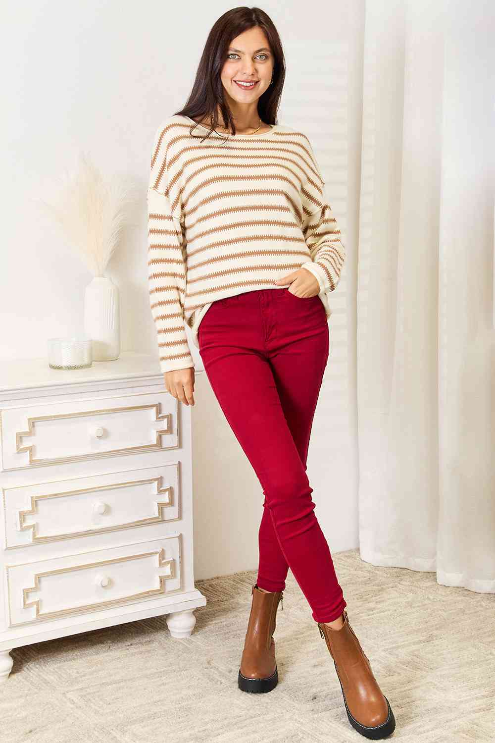 Double Take Striped Boat Neck Sweater - Do Shop It™