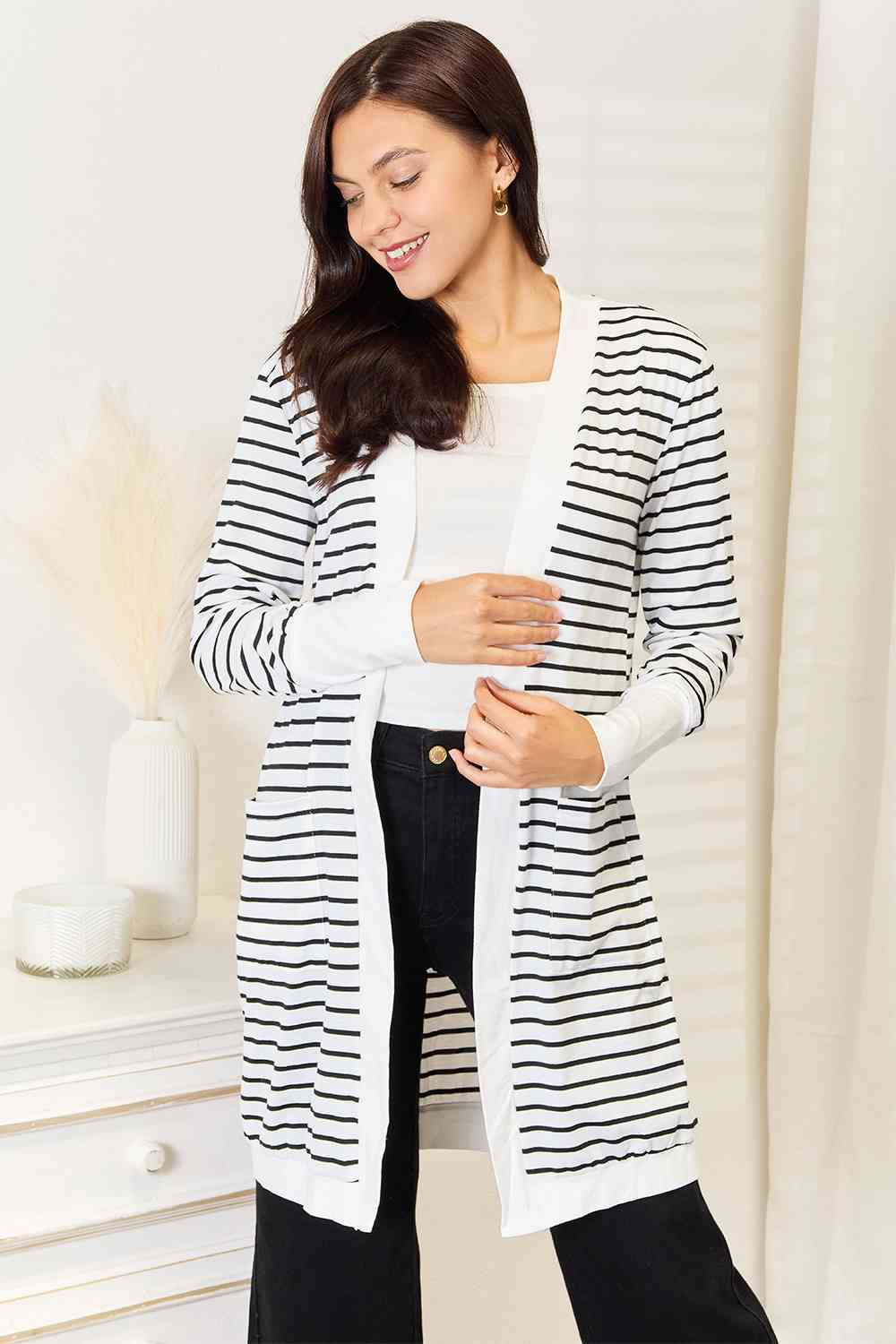 Double Take Striped Open Front Longline Cardigan - Do Shop It™