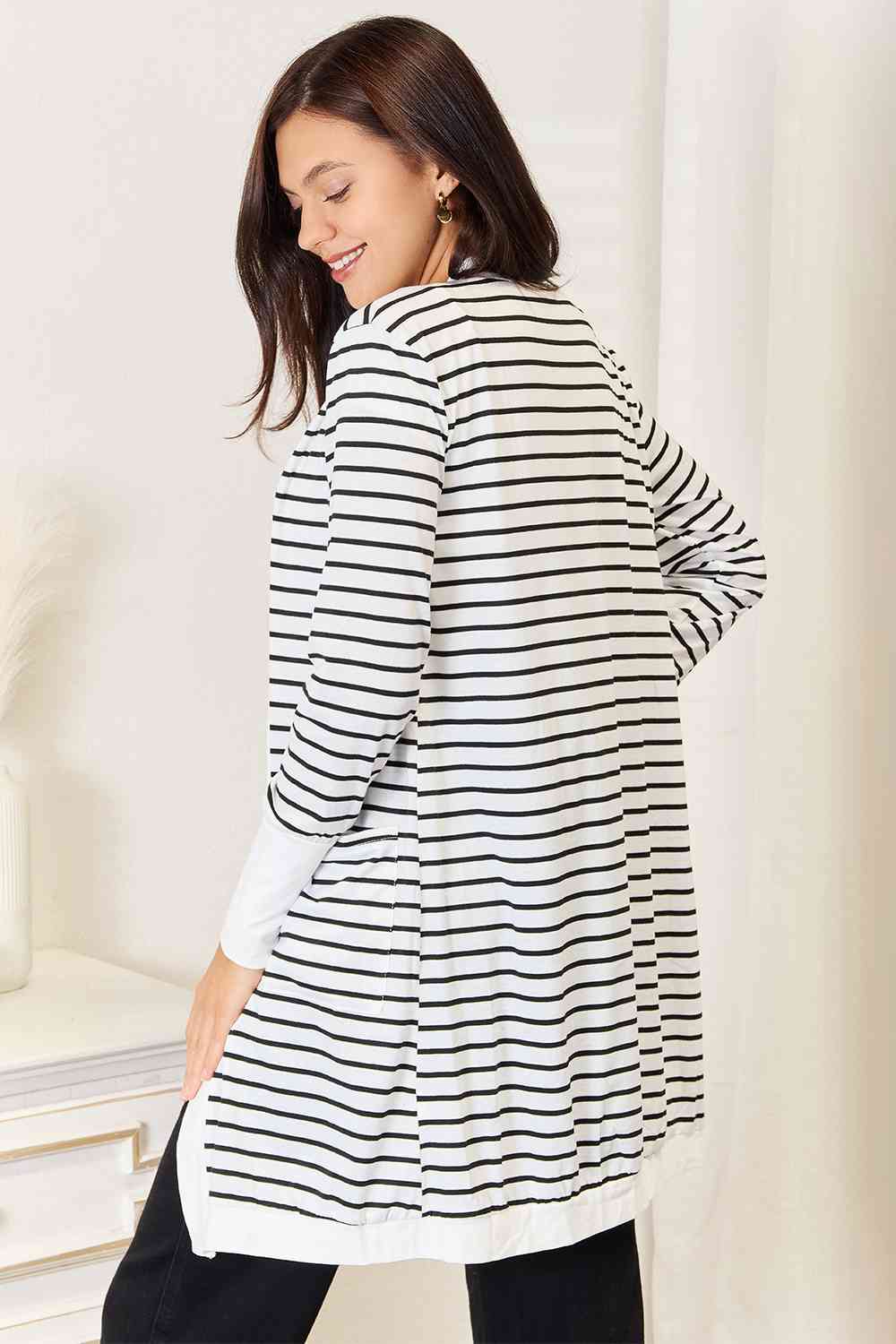 Double Take Striped Open Front Longline Cardigan - Do Shop It™