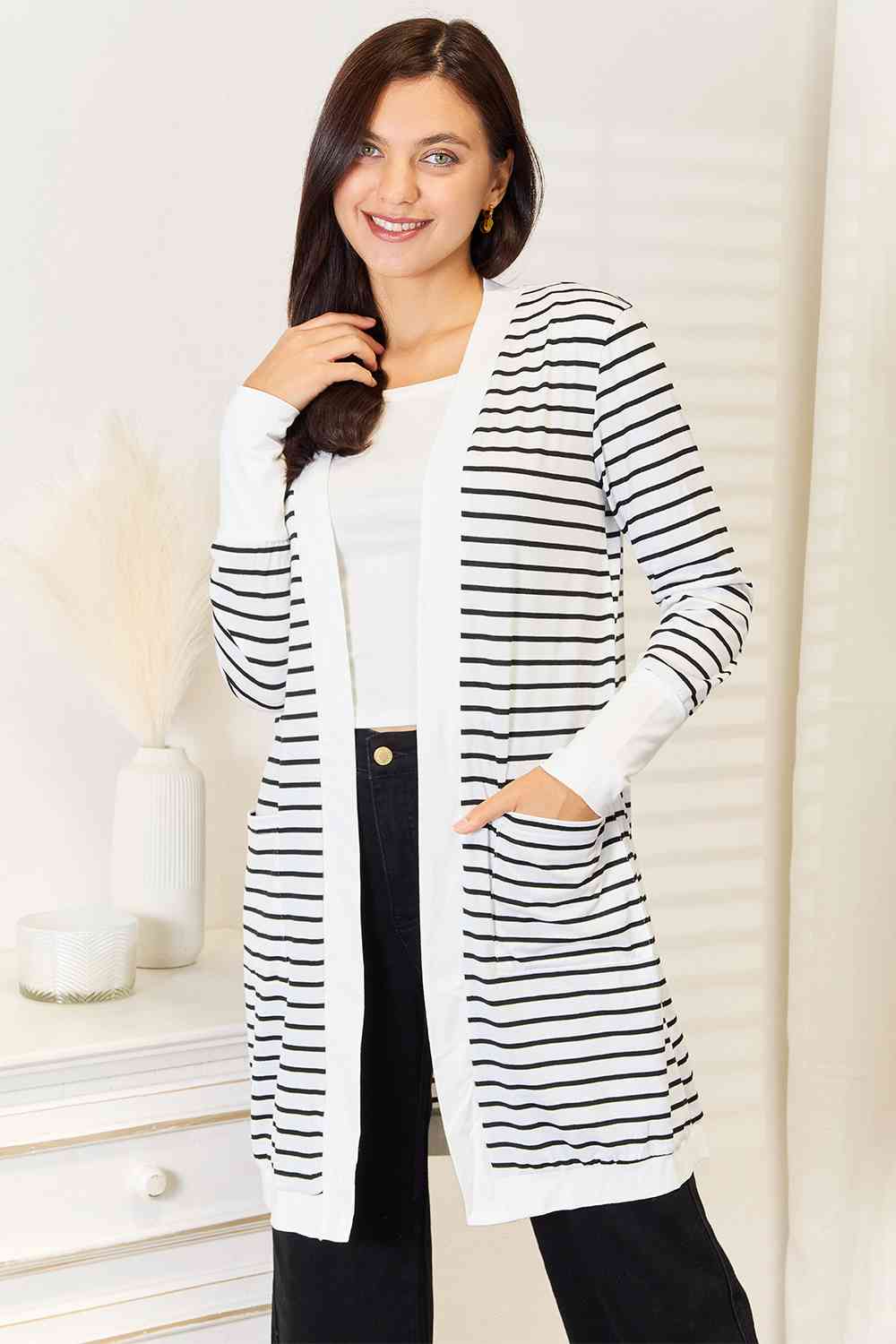 Double Take Striped Open Front Longline Cardigan - Do Shop It™