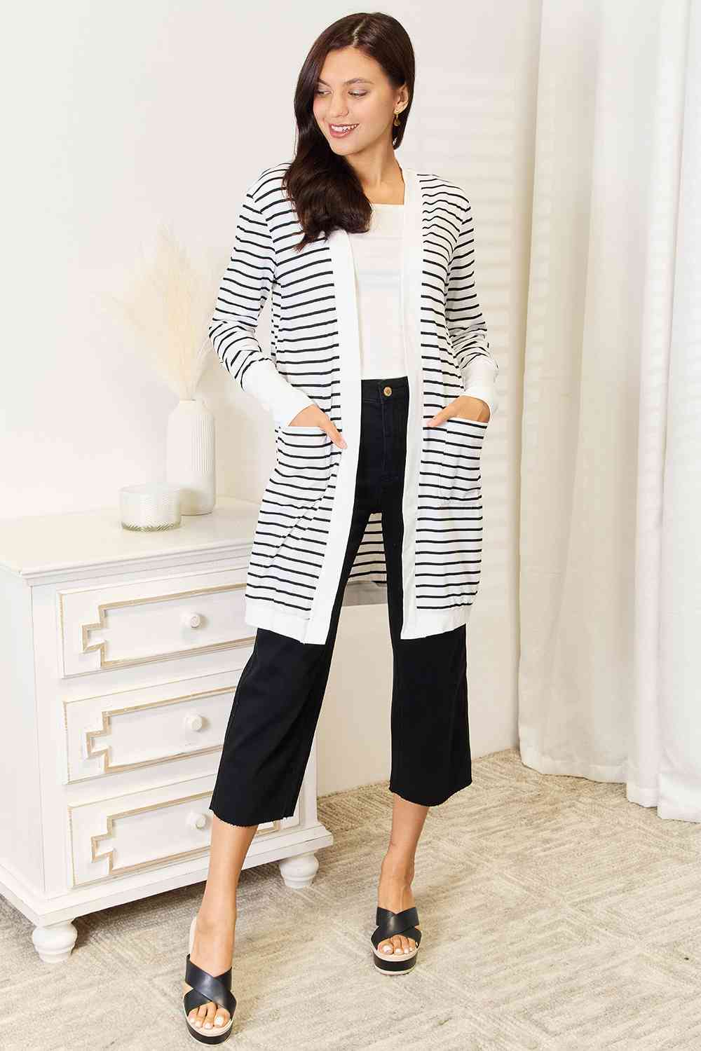 Double Take Striped Open Front Longline Cardigan - Do Shop It™