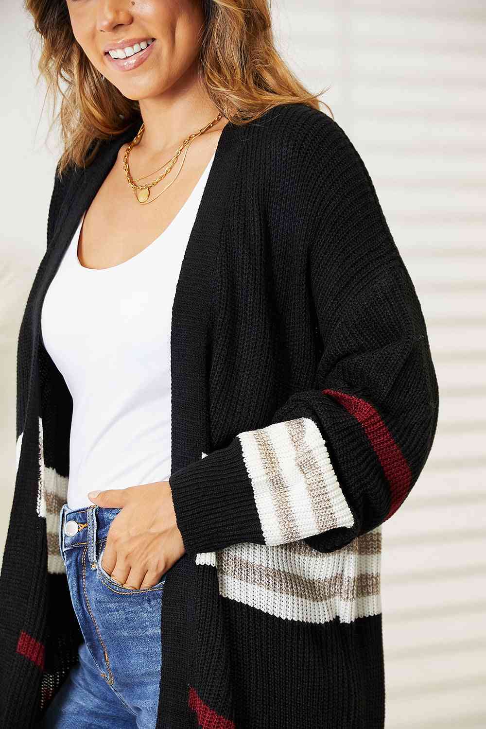 Double Take Striped Rib - Knit Drop Shoulder Open Front Cardigan - Do Shop It™