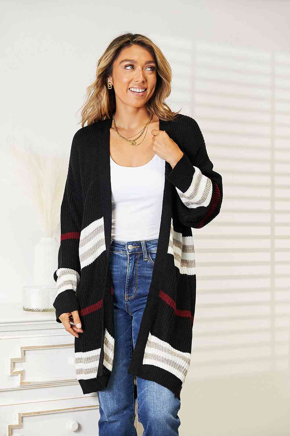 Double Take Striped Rib - Knit Drop Shoulder Open Front Cardigan - Do Shop It™