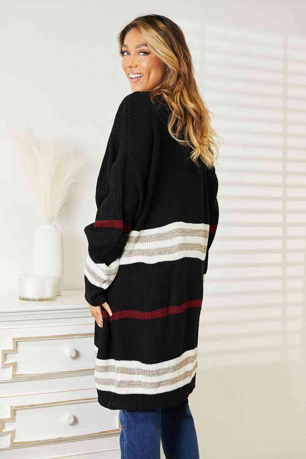 Double Take Striped Rib - Knit Drop Shoulder Open Front Cardigan - Do Shop It™