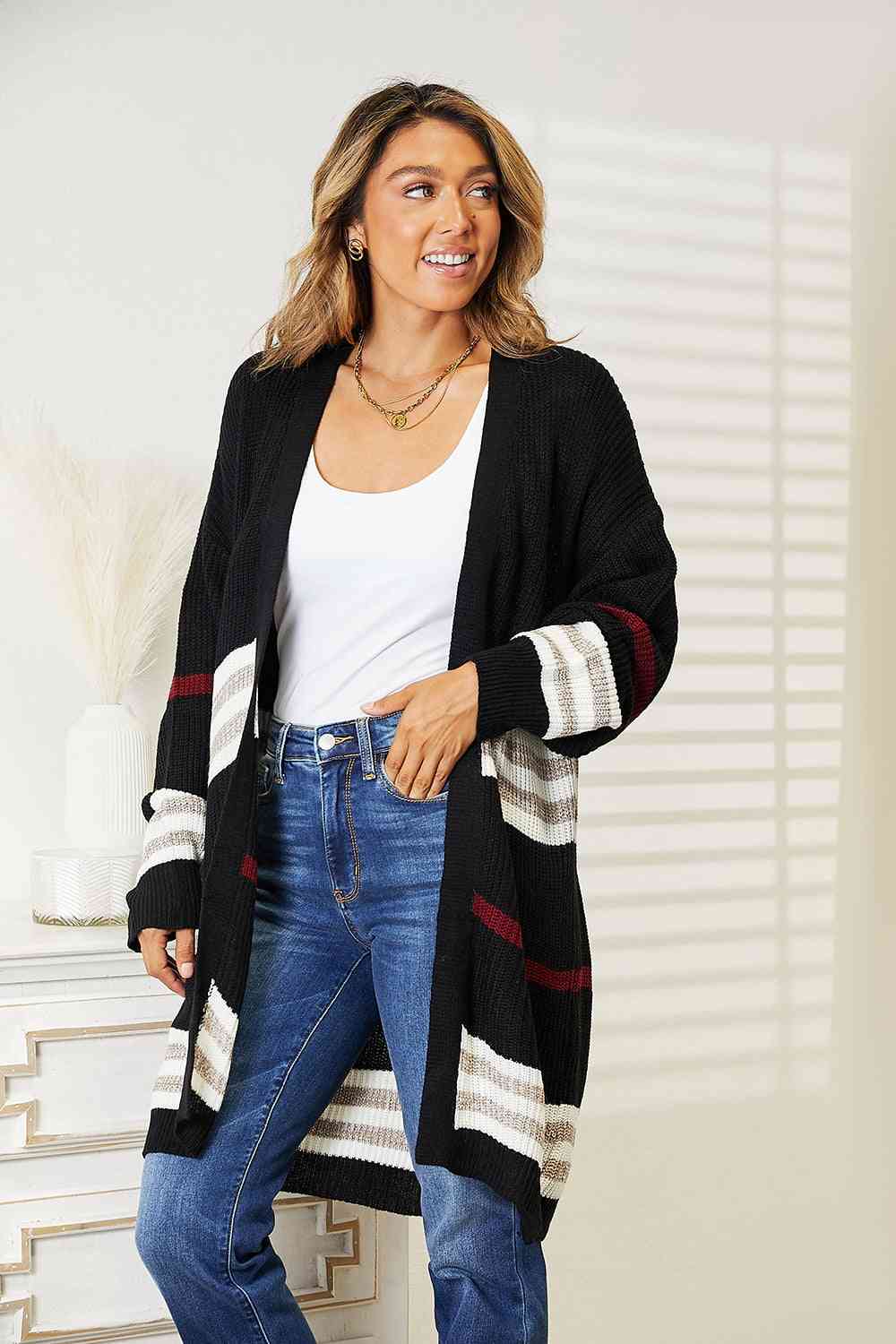 Double Take Striped Rib - Knit Drop Shoulder Open Front Cardigan - Do Shop It™