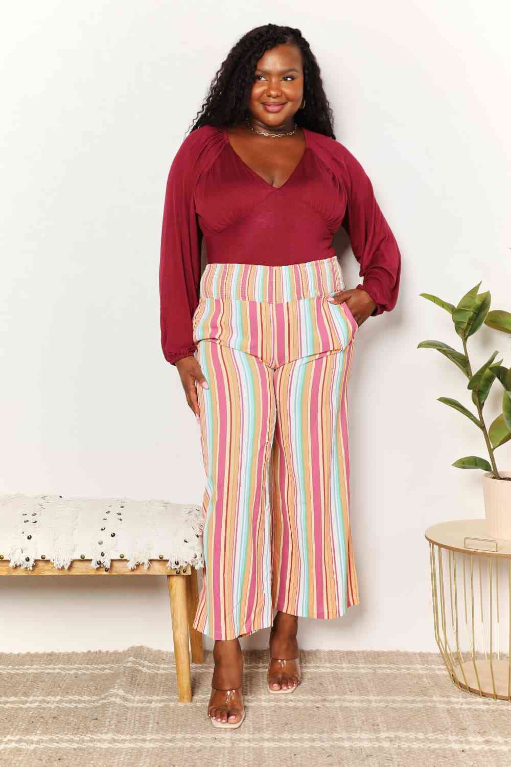 Double Take Striped Smocked Waist Pants with Pockets - Do Shop It™