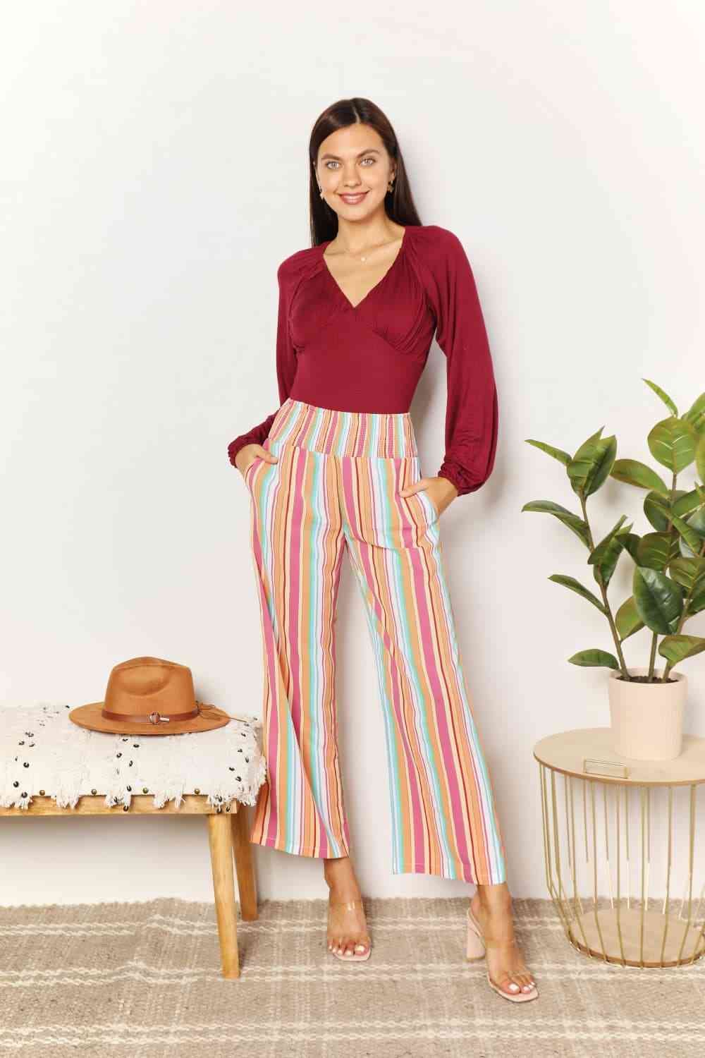 Double Take Striped Smocked Waist Pants with Pockets - Do Shop It™