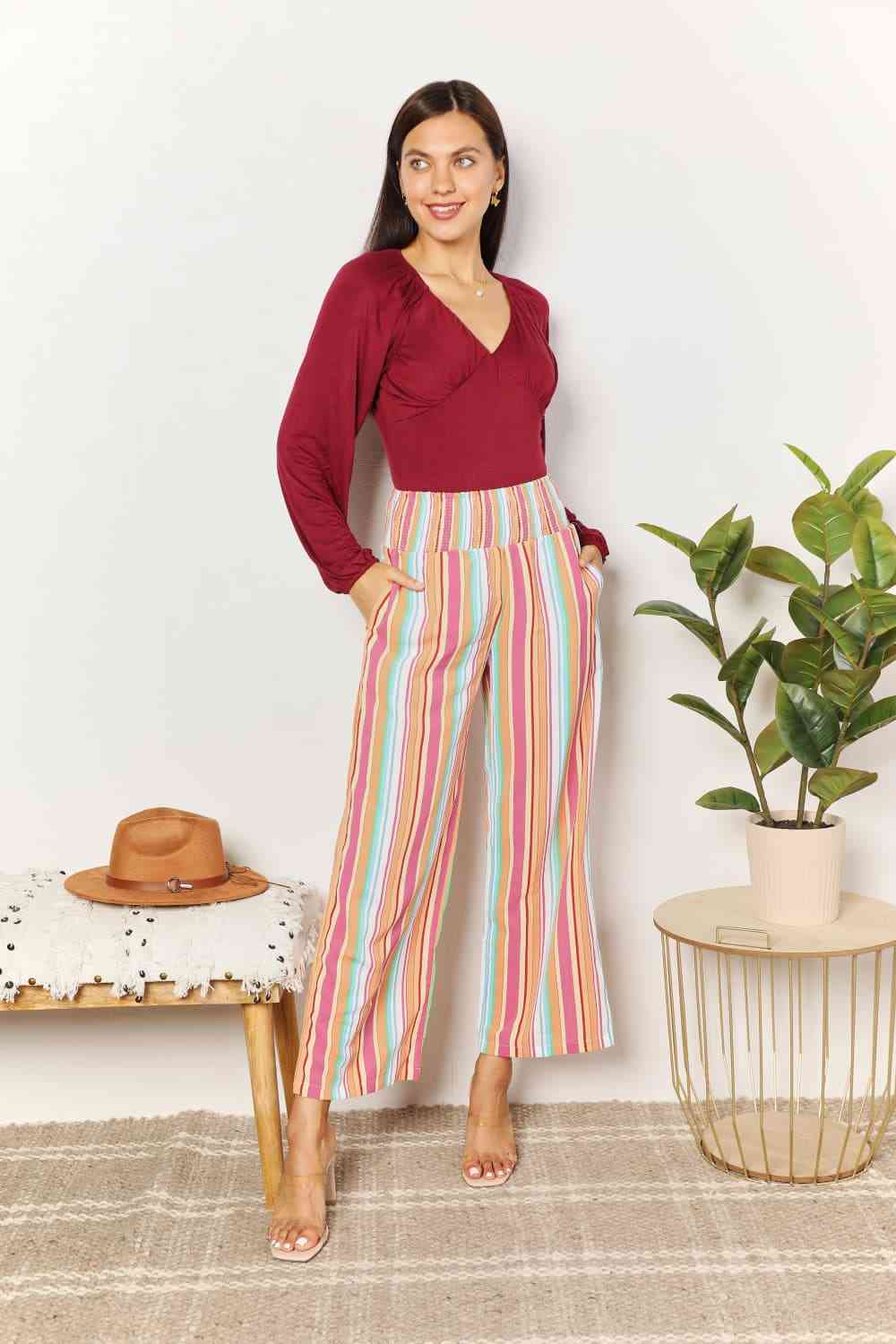 Double Take Striped Smocked Waist Pants with Pockets - Do Shop It™