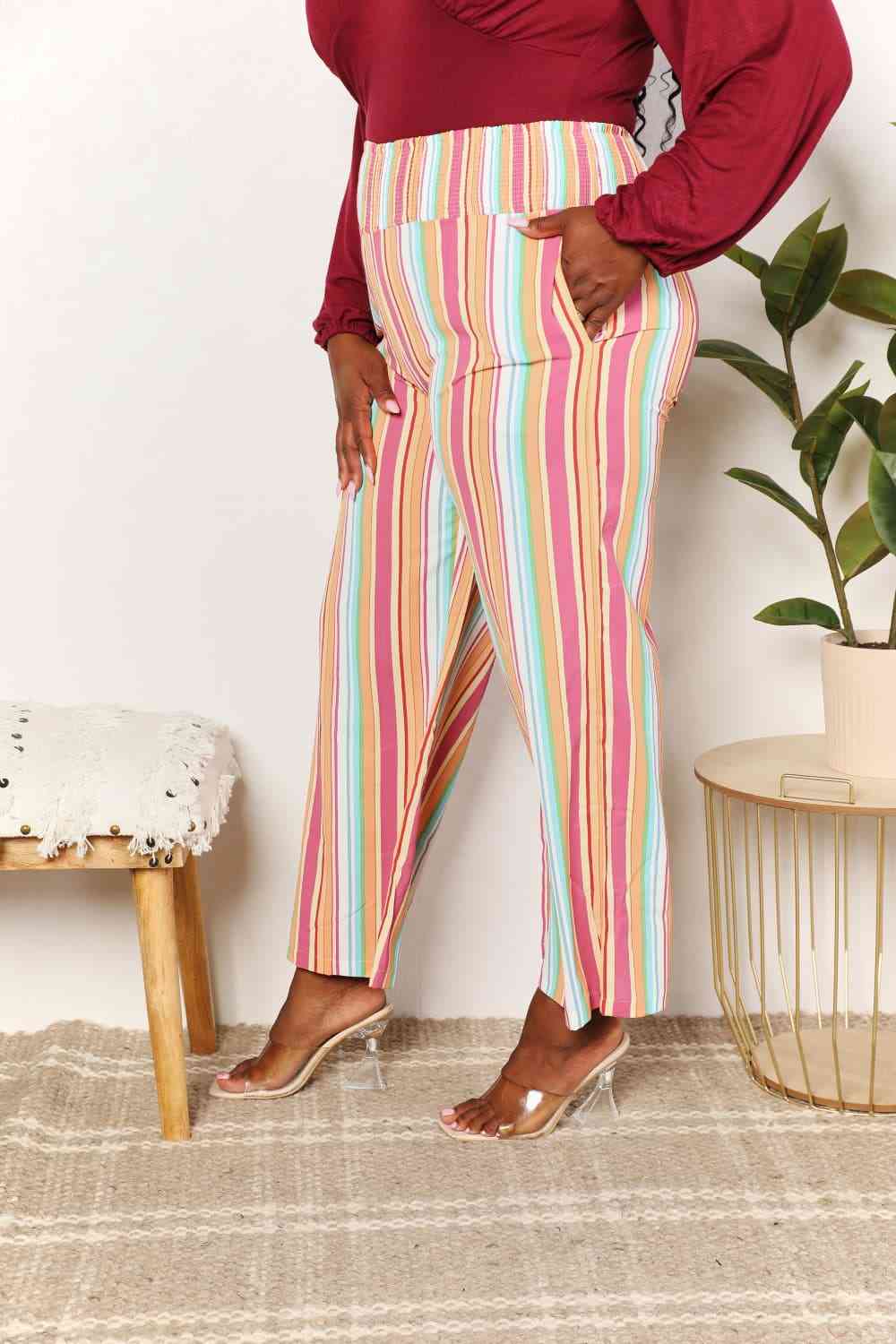 Double Take Striped Smocked Waist Pants with Pockets - Do Shop It™