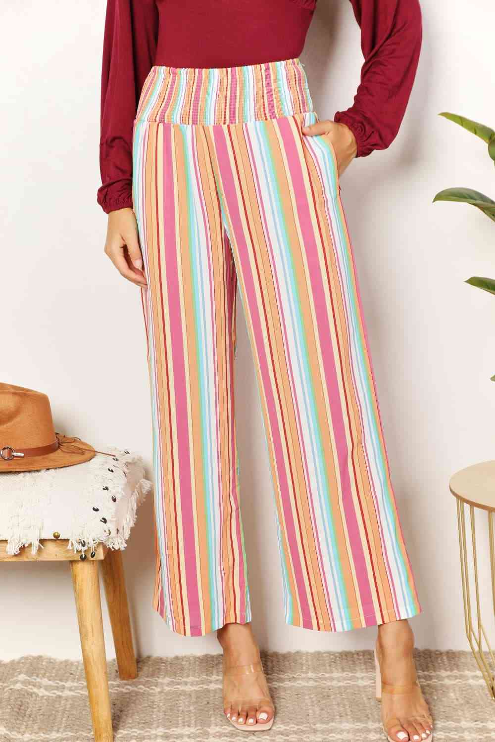 Double Take Striped Smocked Waist Pants with Pockets - Do Shop It™