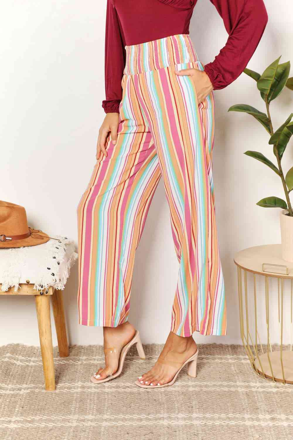 Double Take Striped Smocked Waist Pants with Pockets - Do Shop It™