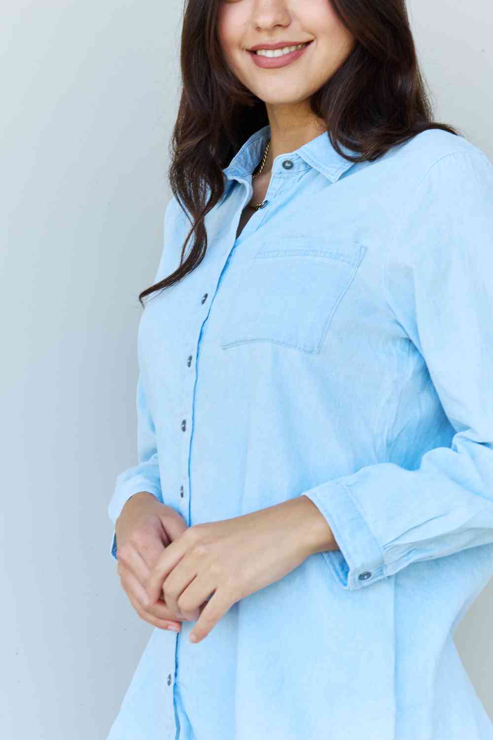 Doublju Blue Jean Baby Denim Button Down Shirt Top in Light Blue - Do Shop It™