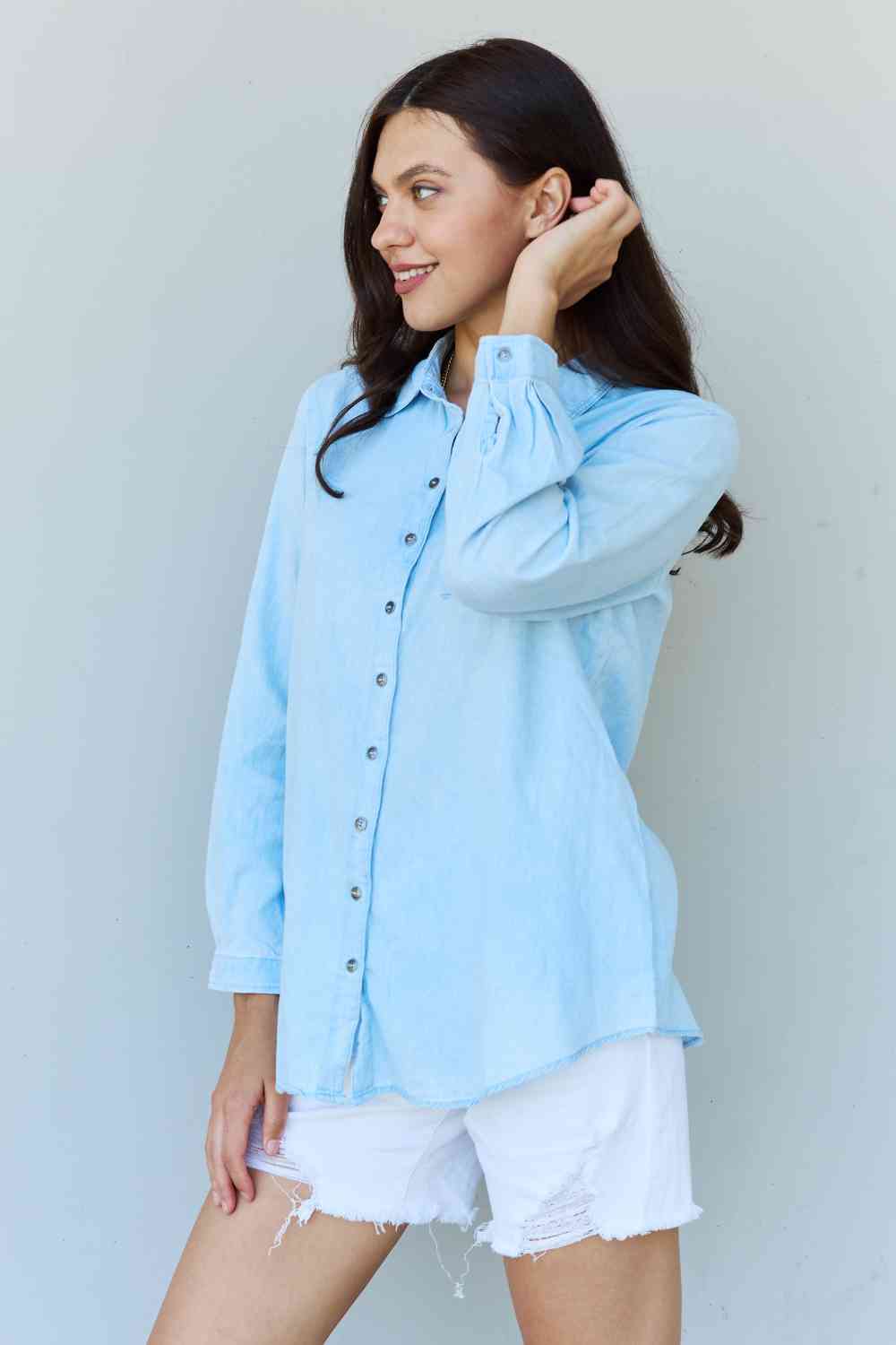 Doublju Blue Jean Baby Denim Button Down Shirt Top in Light Blue - Do Shop It™