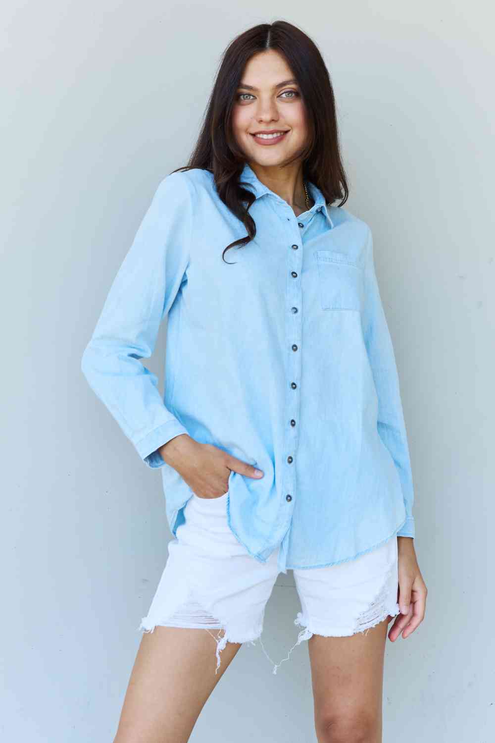 Doublju Blue Jean Baby Denim Button Down Shirt Top in Light Blue - Do Shop It™