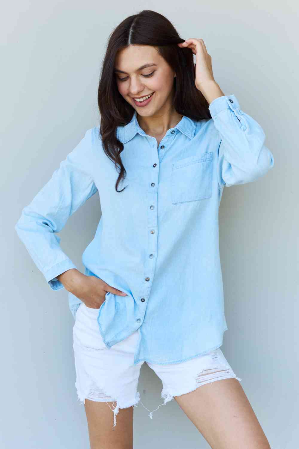 Doublju Blue Jean Baby Denim Button Down Shirt Top in Light Blue - Do Shop It™