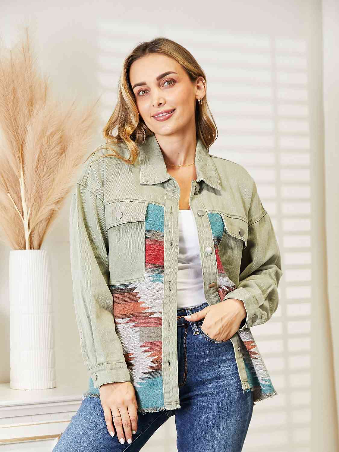 Dropped Shoulder Long Sleeve Printed Denim Jacket - Do Shop It™