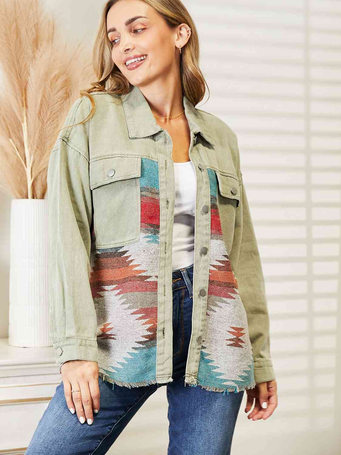 Dropped Shoulder Long Sleeve Printed Denim Jacket - Do Shop It™