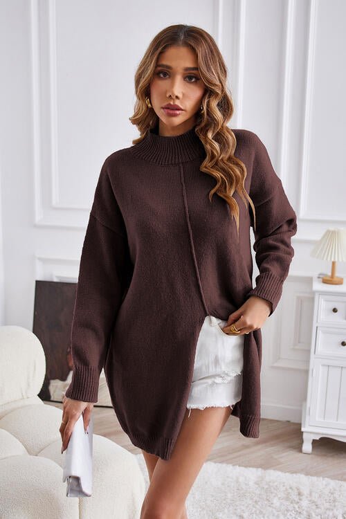 Exposed Seam Mock Neck Slit Sweater - Do Shop It™