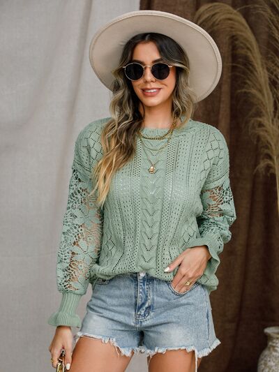 Eyelet Crochet Lantern Sleeve Sweater - Do Shop It™