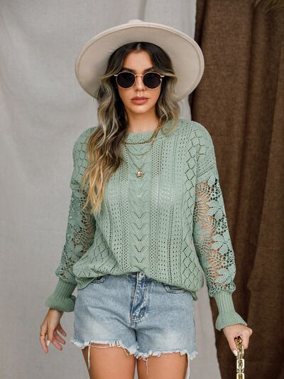 Eyelet Crochet Lantern Sleeve Sweater - Do Shop It™