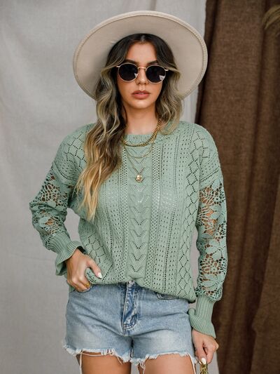 Eyelet Crochet Lantern Sleeve Sweater - Do Shop It™