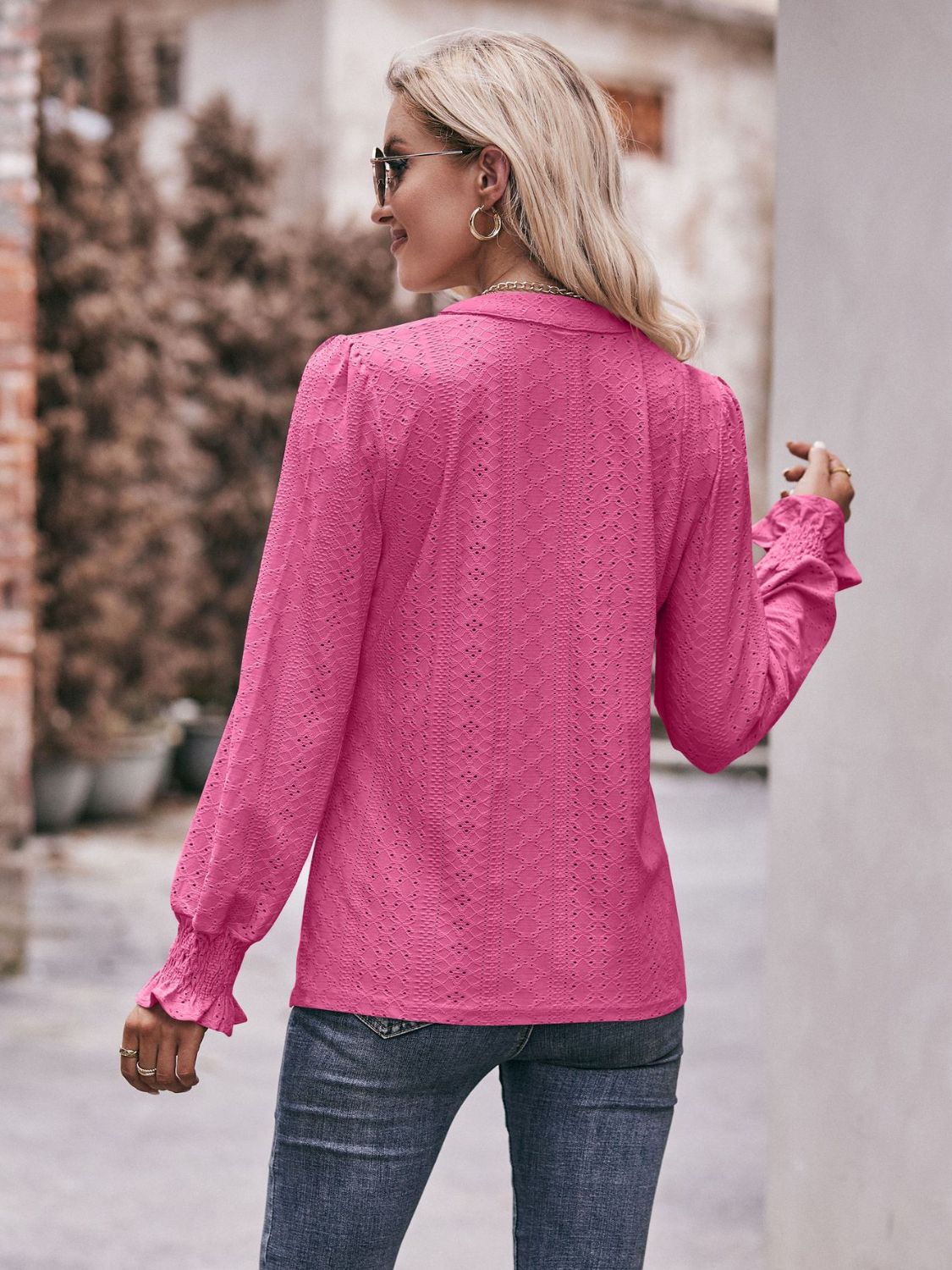 Eyelet Notched Neck Flounce Sleeve Blouse - Do Shop It™