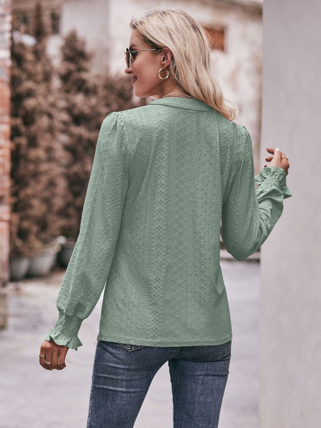 Eyelet Notched Neck Flounce Sleeve Blouse - Do Shop It™