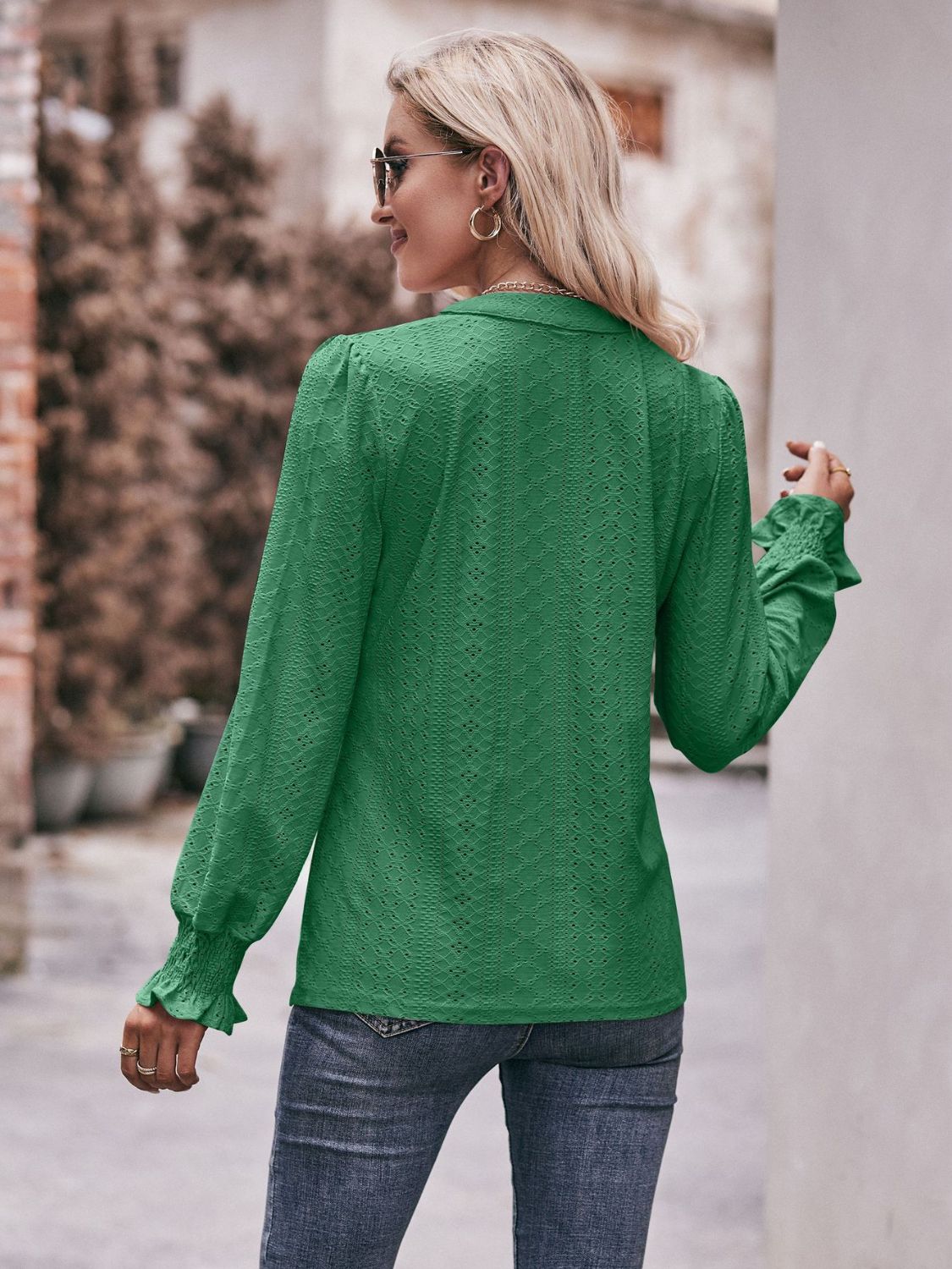 Eyelet Notched Neck Flounce Sleeve Blouse - Do Shop It™