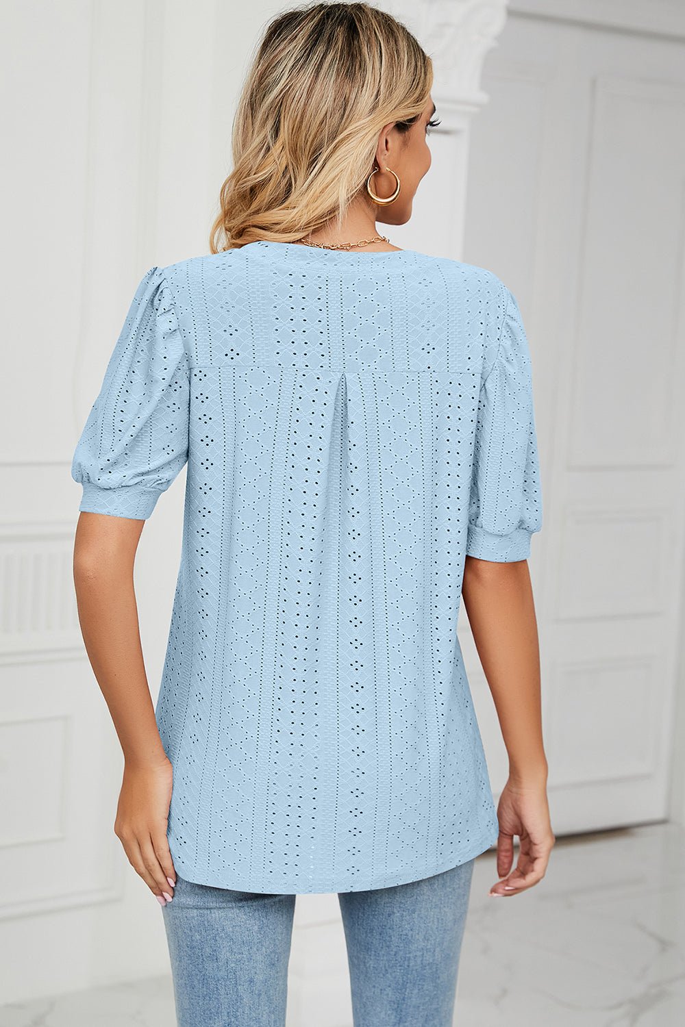 Eyelet Notched Short Sleeve T-Shirt - Do Shop It™