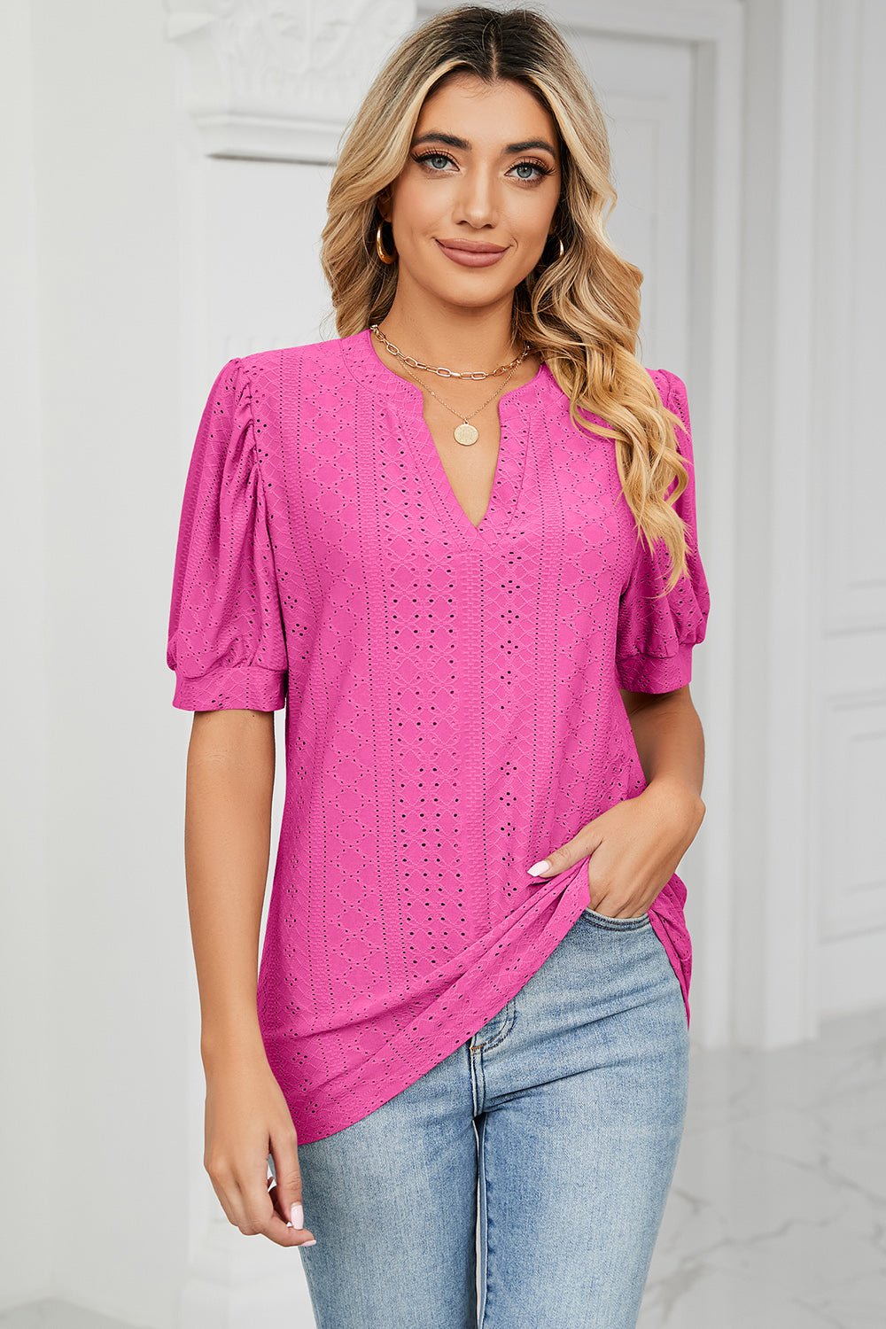 Eyelet Notched Short Sleeve T-Shirt - Do Shop It™