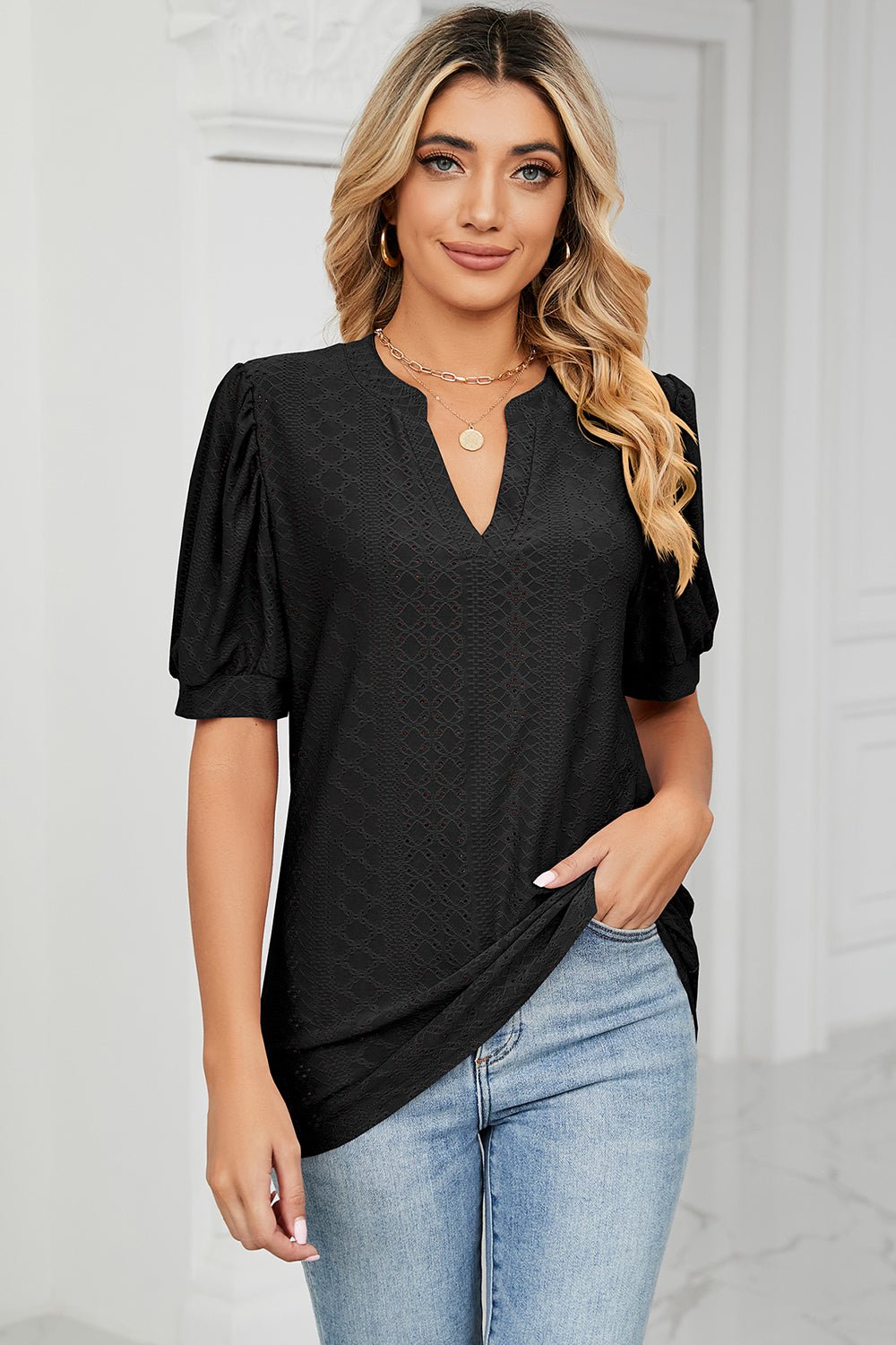 Eyelet Notched Short Sleeve T-Shirt - Do Shop It™