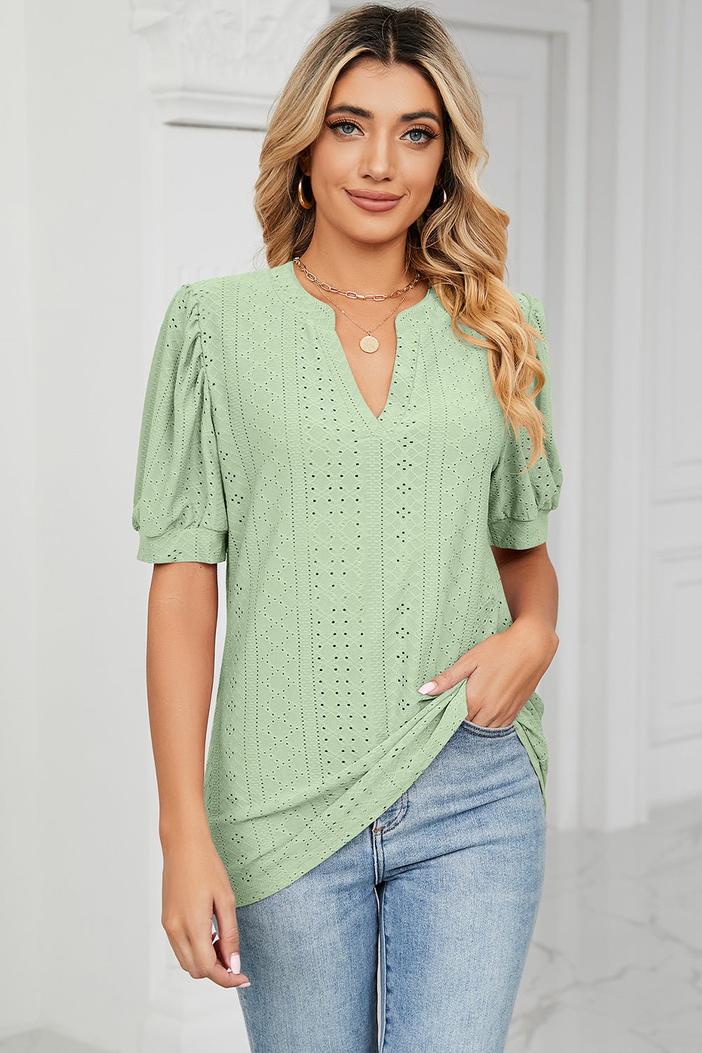 Eyelet Notched Short Sleeve T-Shirt - Do Shop It™