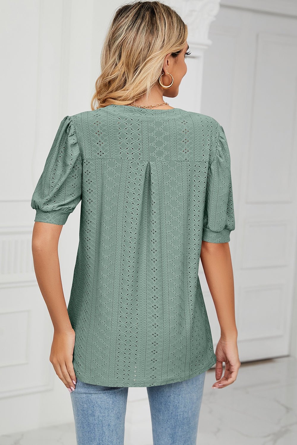 Eyelet Notched Short Sleeve T-Shirt - Do Shop It™