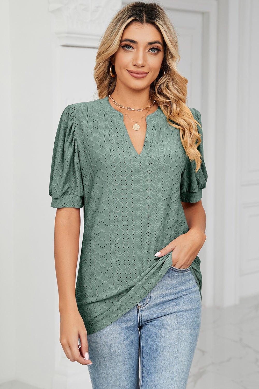 Eyelet Notched Short Sleeve T-Shirt - Do Shop It™