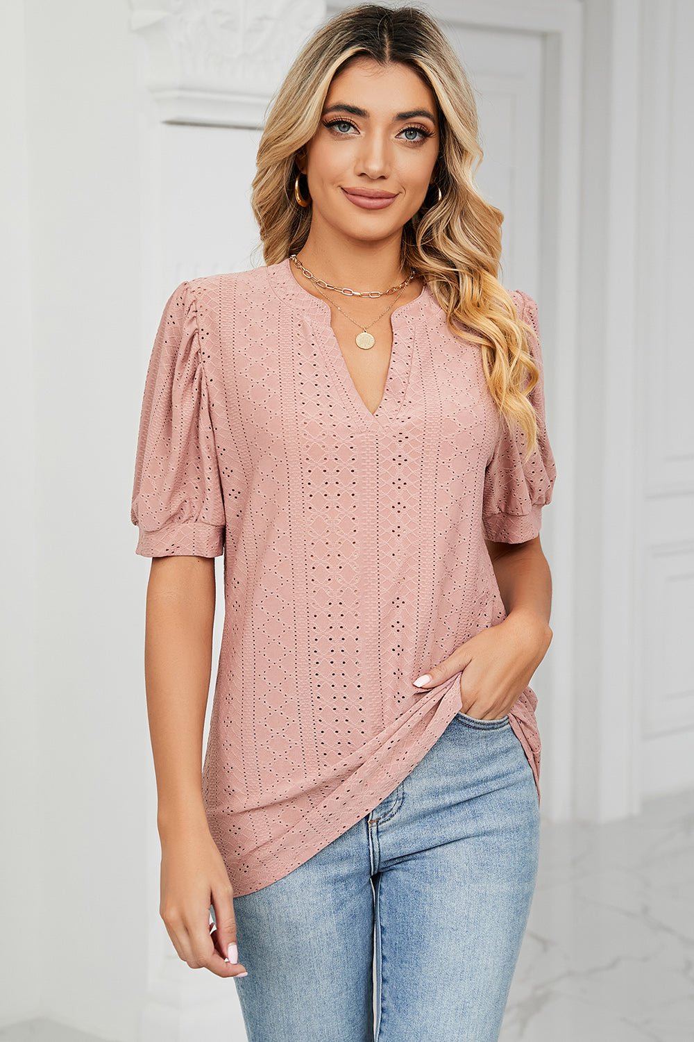 Eyelet Notched Short Sleeve T-Shirt - Do Shop It™