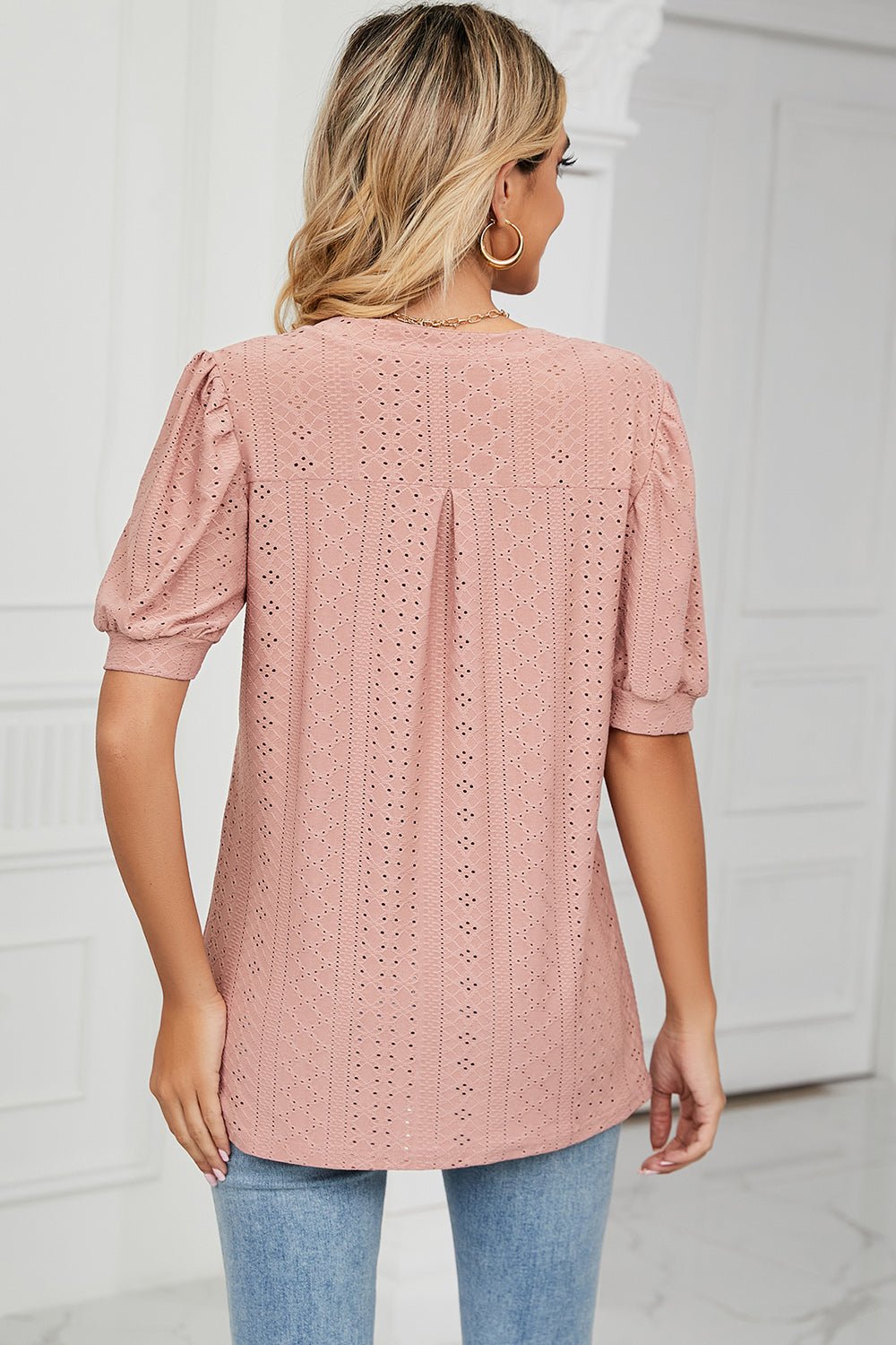 Eyelet Notched Short Sleeve T-Shirt - Do Shop It™