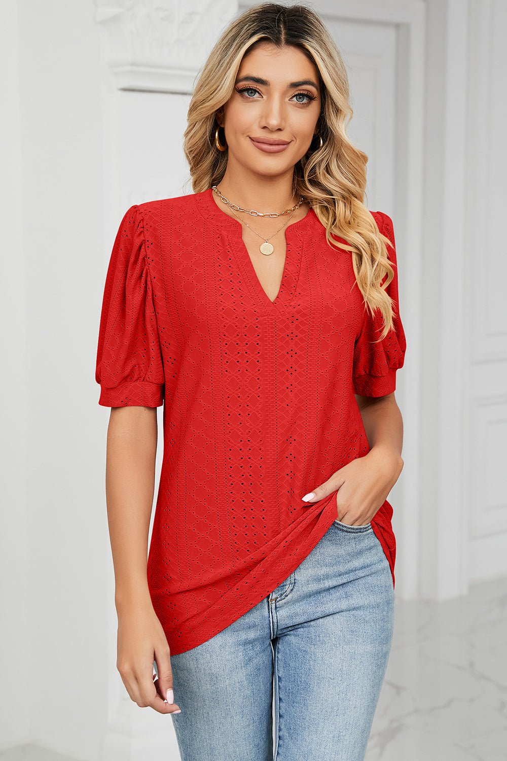 Eyelet Notched Short Sleeve T-Shirt - Do Shop It™