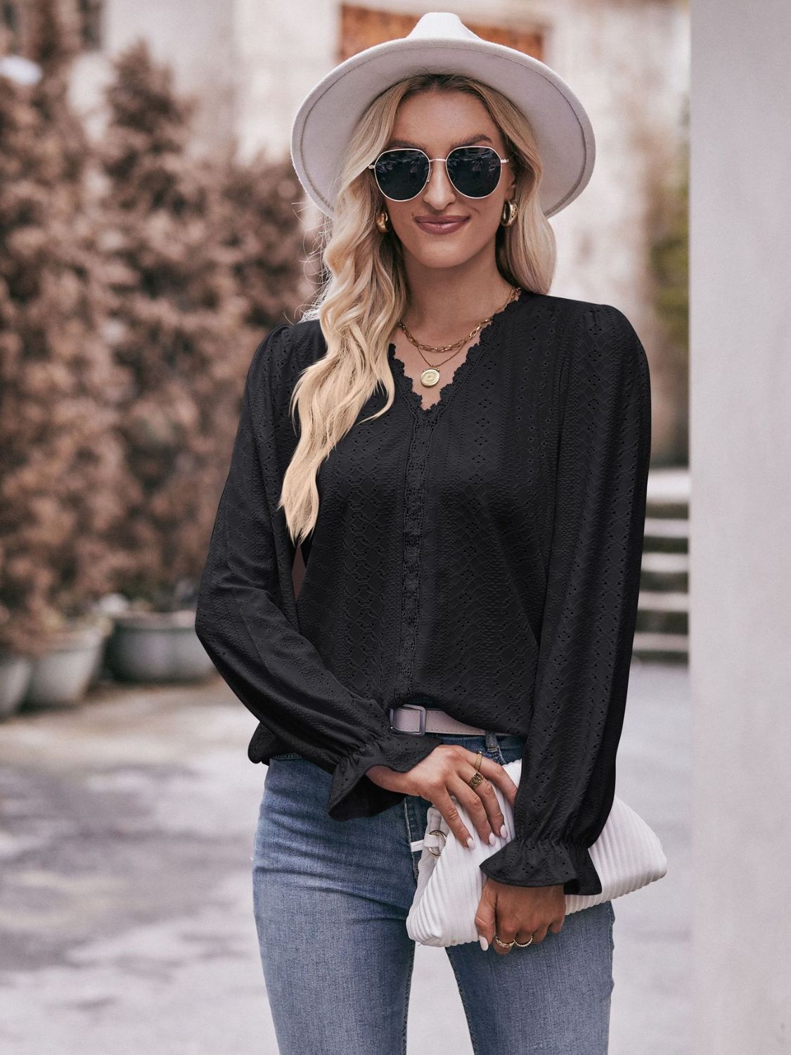 Eyelet V - Neck Flounce Sleeve Blouse - Do Shop It™