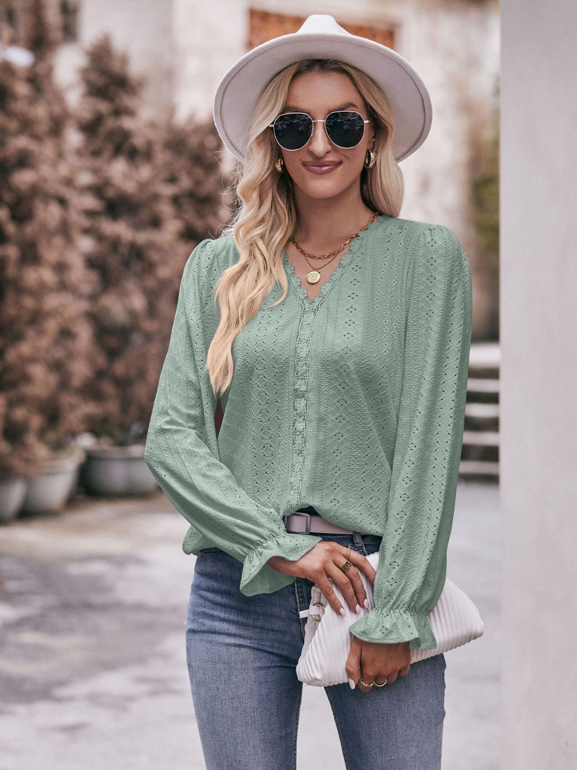 Eyelet V - Neck Flounce Sleeve Blouse - Do Shop It™