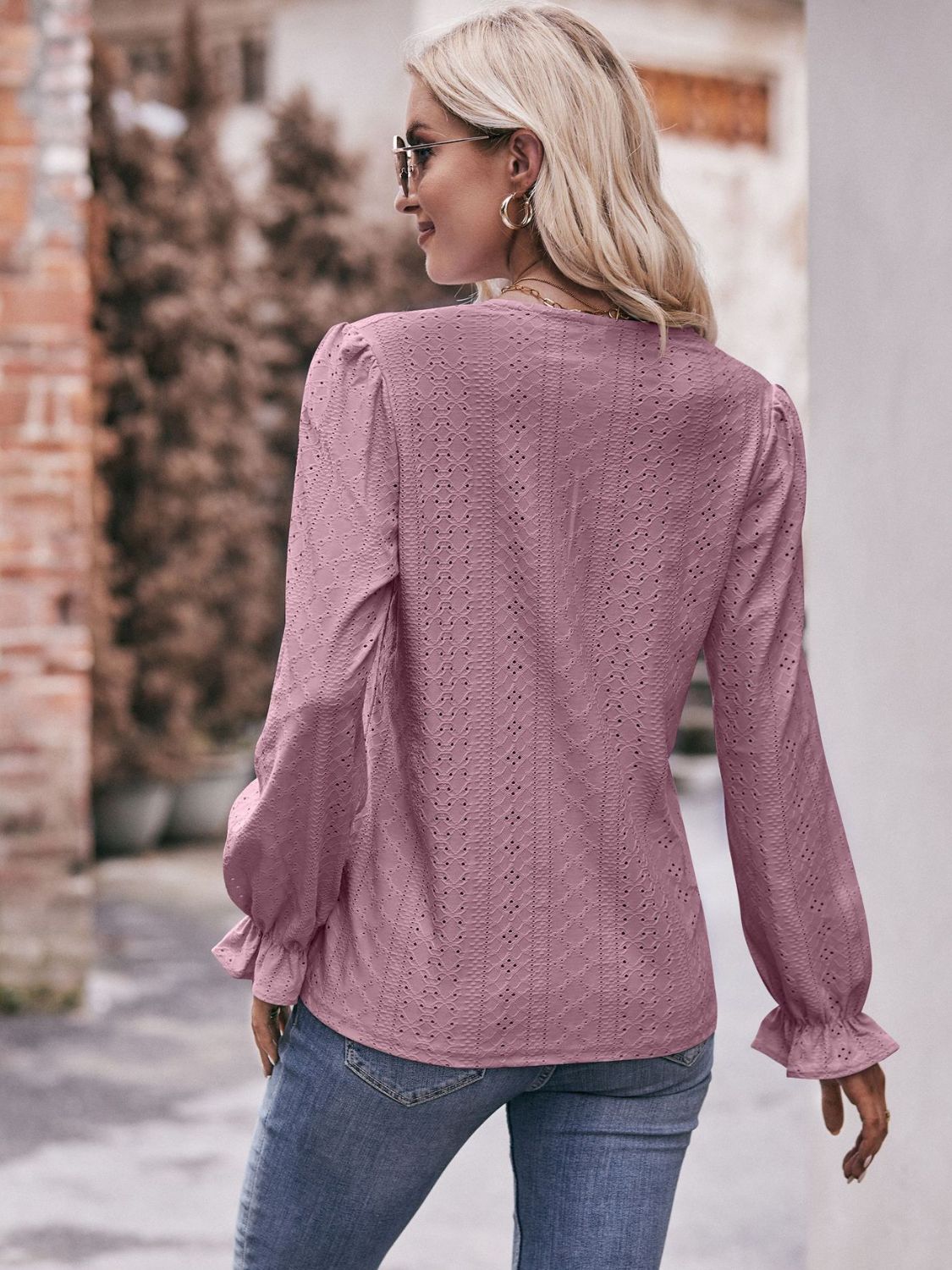 Eyelet V - Neck Flounce Sleeve Blouse - Do Shop It™