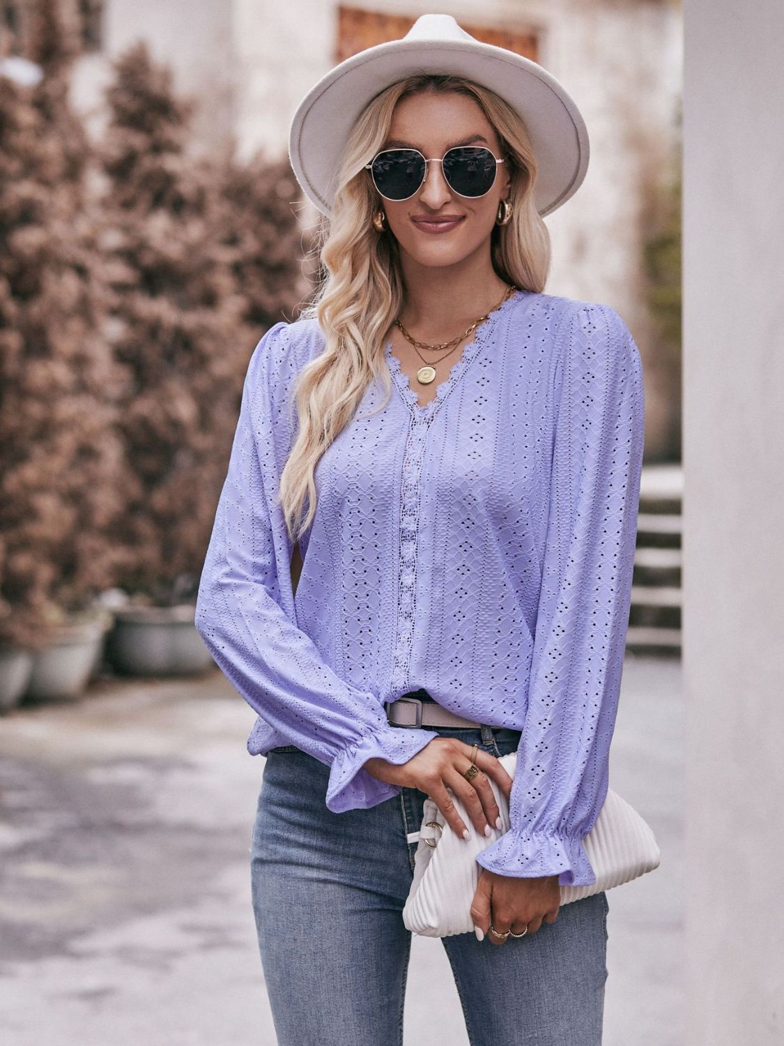 Eyelet V - Neck Flounce Sleeve Blouse - Do Shop It™