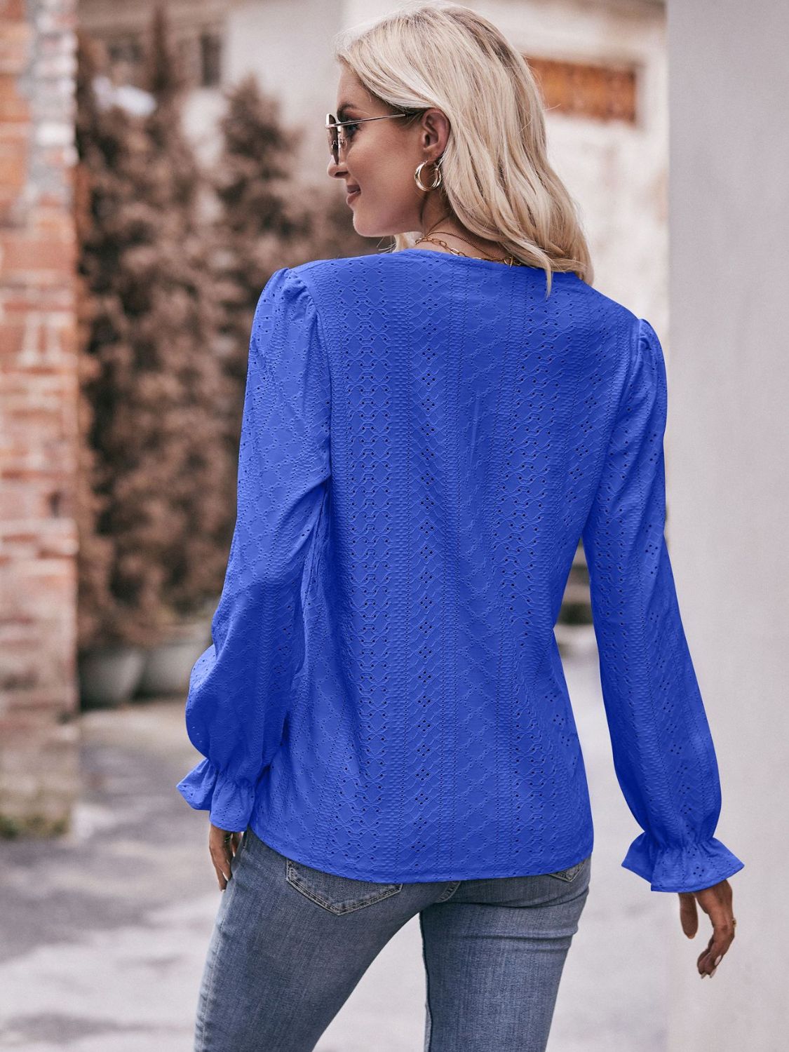 Eyelet V - Neck Flounce Sleeve Blouse - Do Shop It™