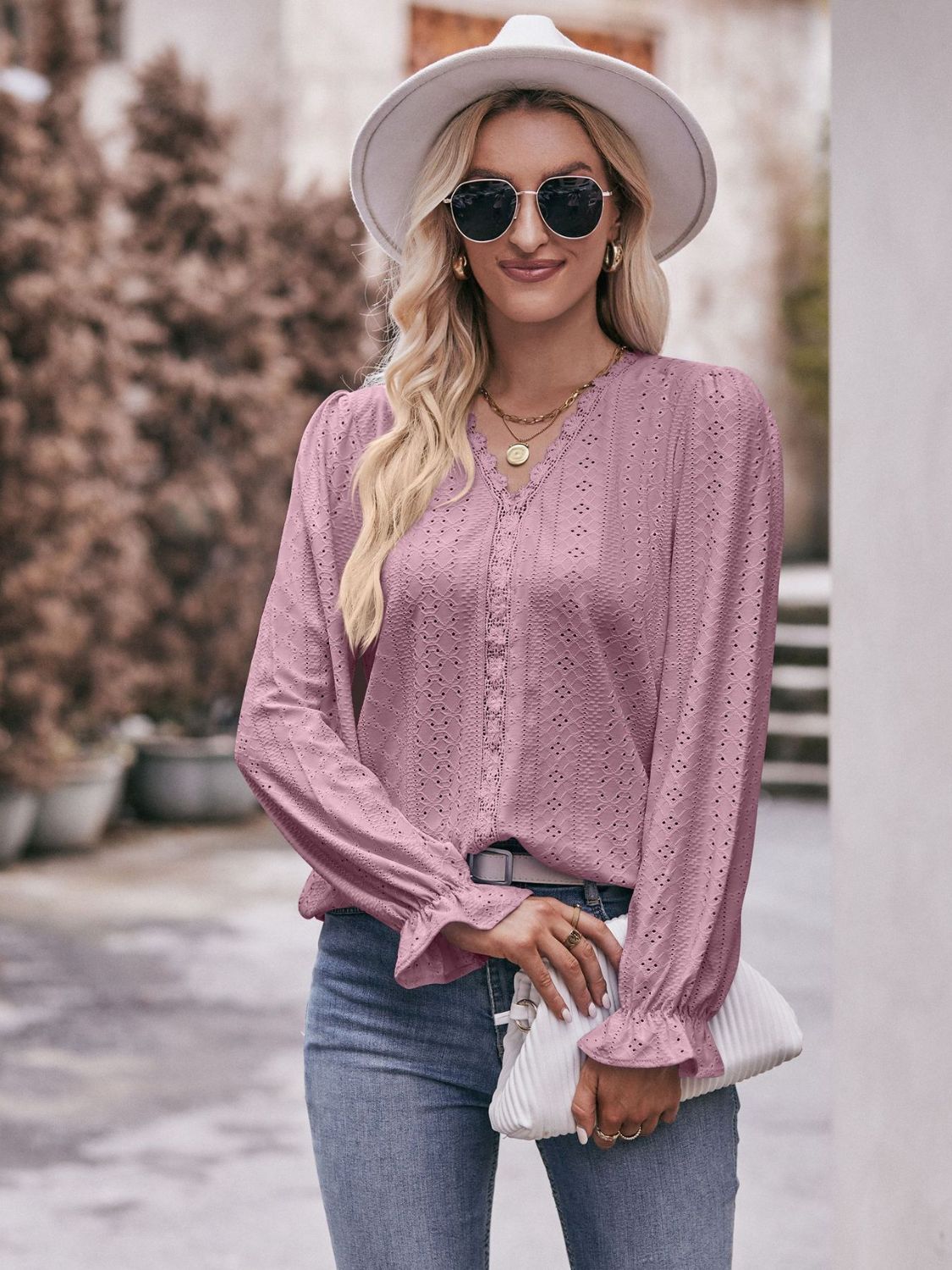 Eyelet V - Neck Flounce Sleeve Blouse - Do Shop It™