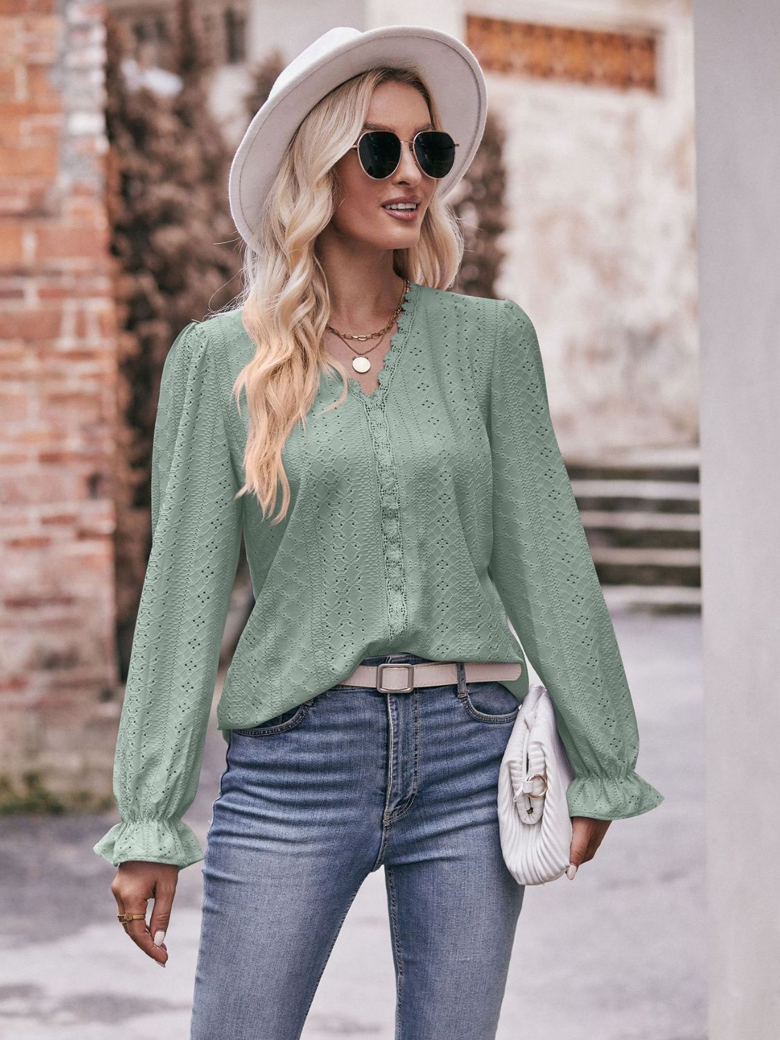 Eyelet V - Neck Flounce Sleeve Blouse - Do Shop It™