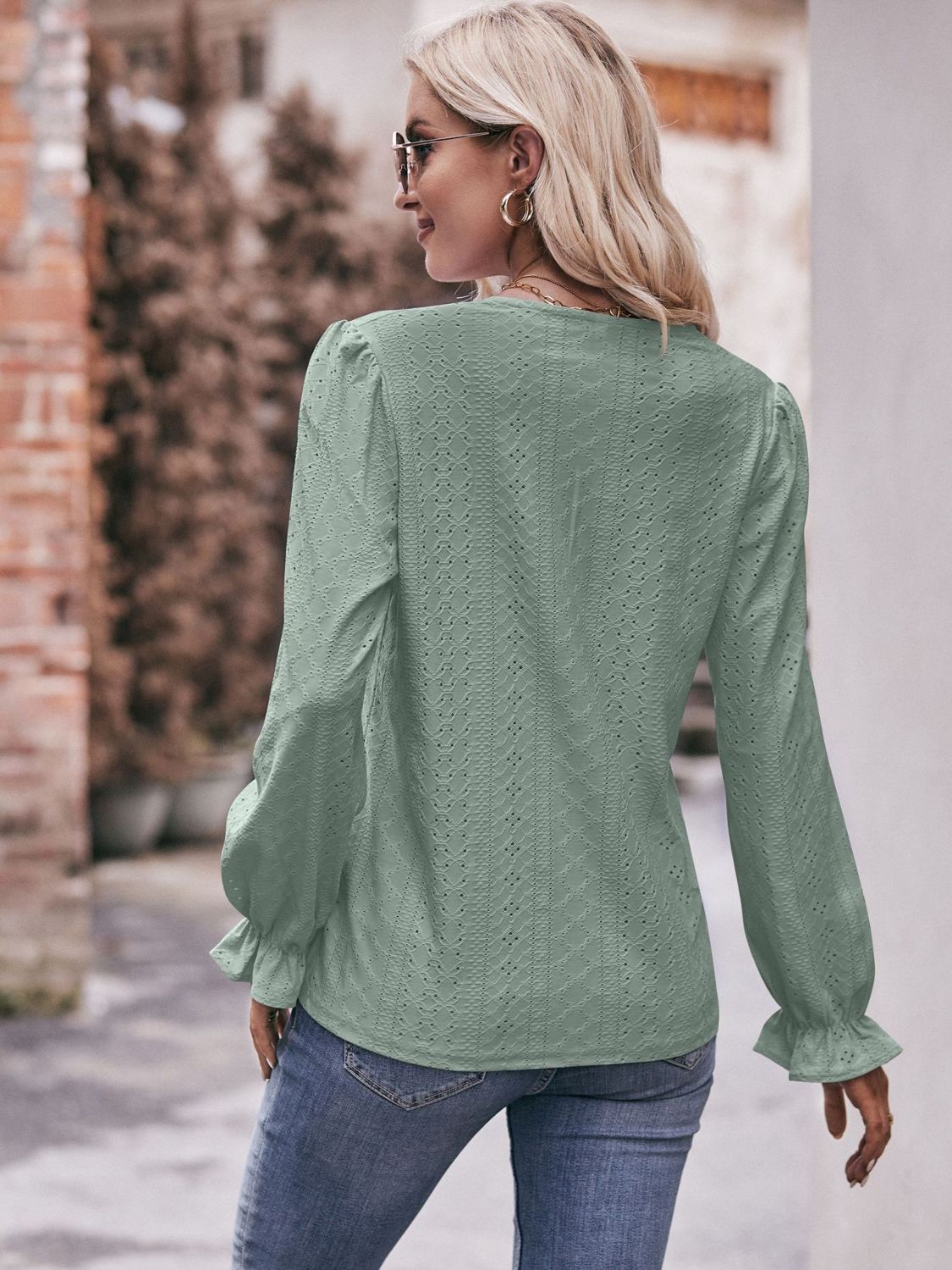 Eyelet V - Neck Flounce Sleeve Blouse - Do Shop It™