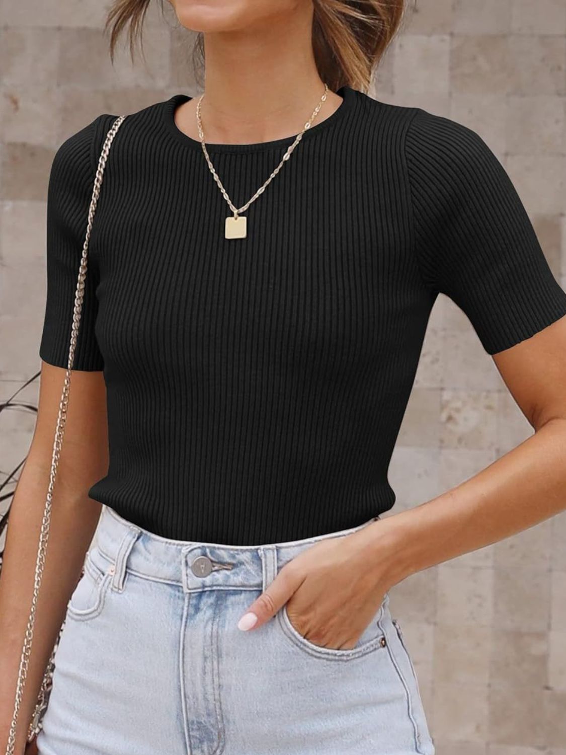 Mandy Ribbed Round Neck Short Sleeve Knit Top