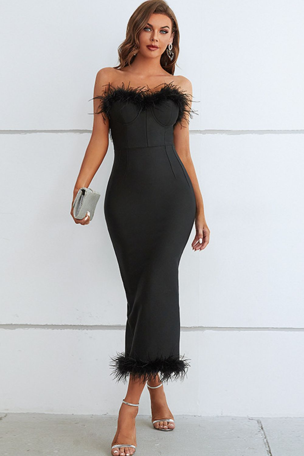 Feather Trim Strapless Sweetheart Neck Dress - Do Shop It™