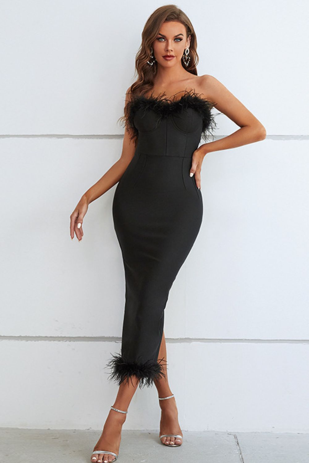 Feather Trim Strapless Sweetheart Neck Dress - Do Shop It™