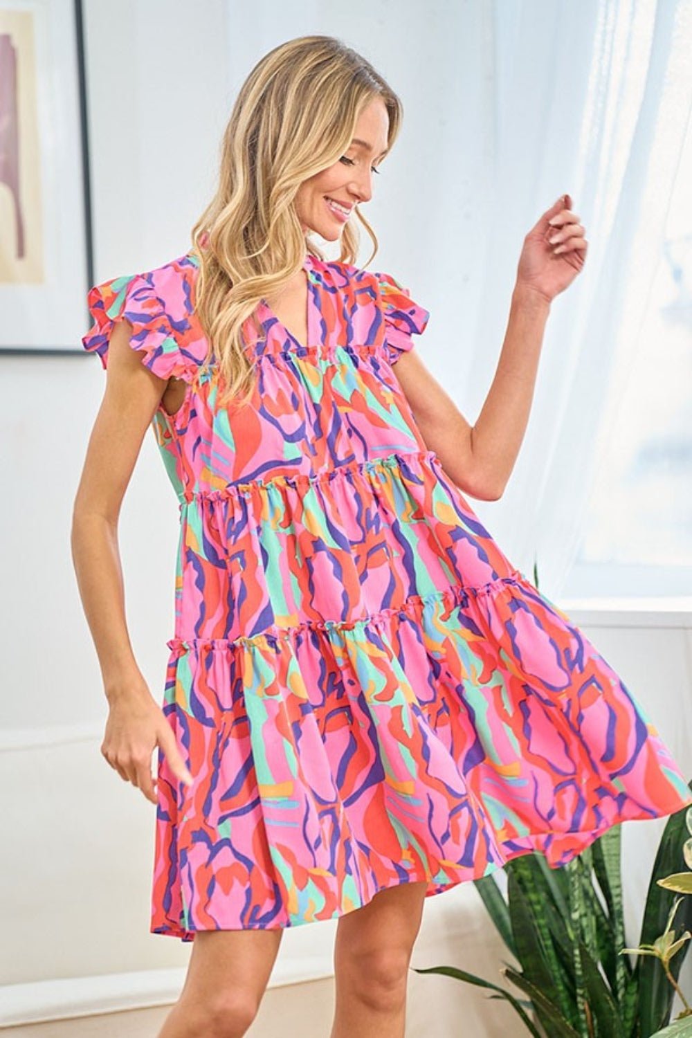 First Love Full Size Printed Ruffle Cap Sleeve Tiered Dress - Do Shop It™