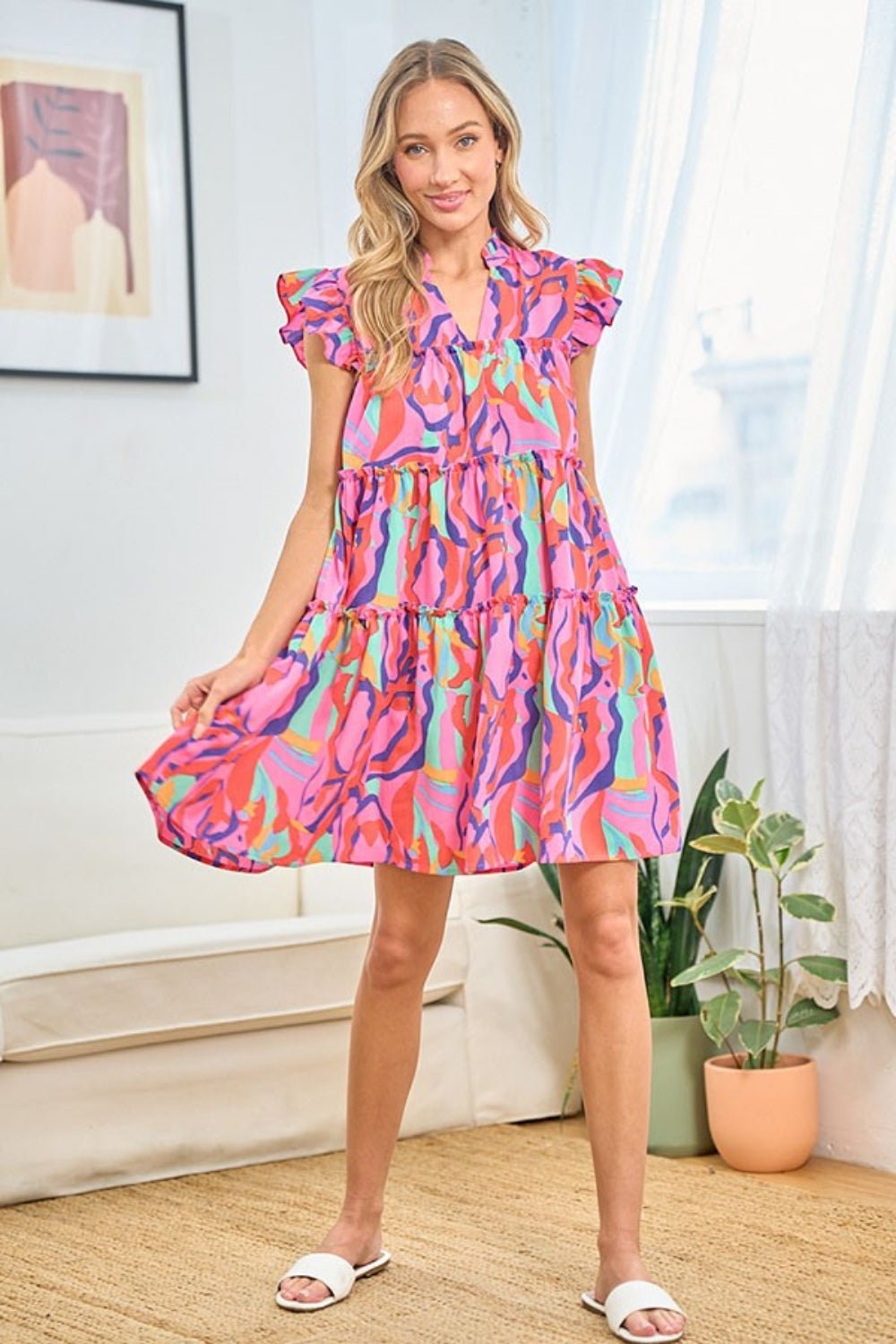 First Love Full Size Printed Ruffle Cap Sleeve Tiered Dress - Do Shop It™